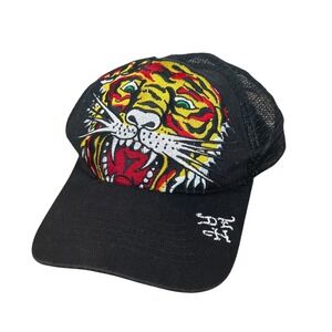 Ed Hardy Embroidered Tiger Head Tattoo Mesh Trucker‎ Hat Black Snapback Adjusts